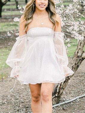 Italian Designer White Off-Shoulder Chiffon Mini Dress with Sheer Puff Sleeves